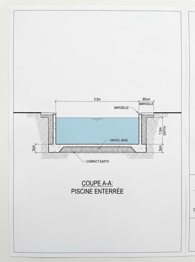 Pièce DP3 — plan en coupe du terrain montrant le profil avant et après creusement de la piscine