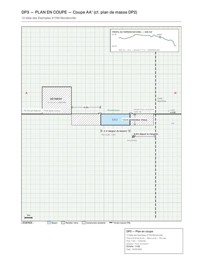 Plan de coupe du terrain et de la piscine