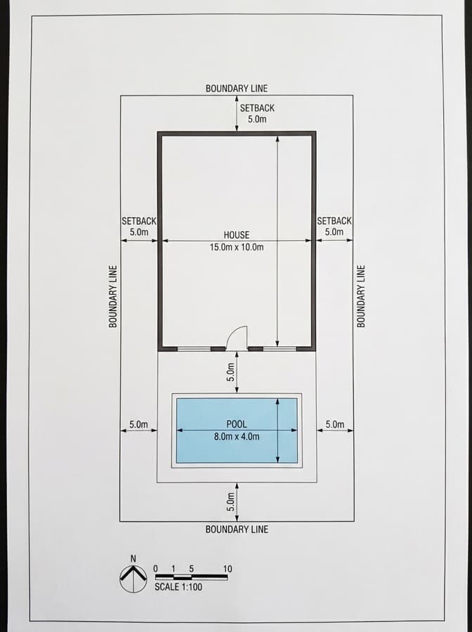 Pièce DP2 — plan de masse coté d'une piscine 8×4 m avec distances aux limites séparatives