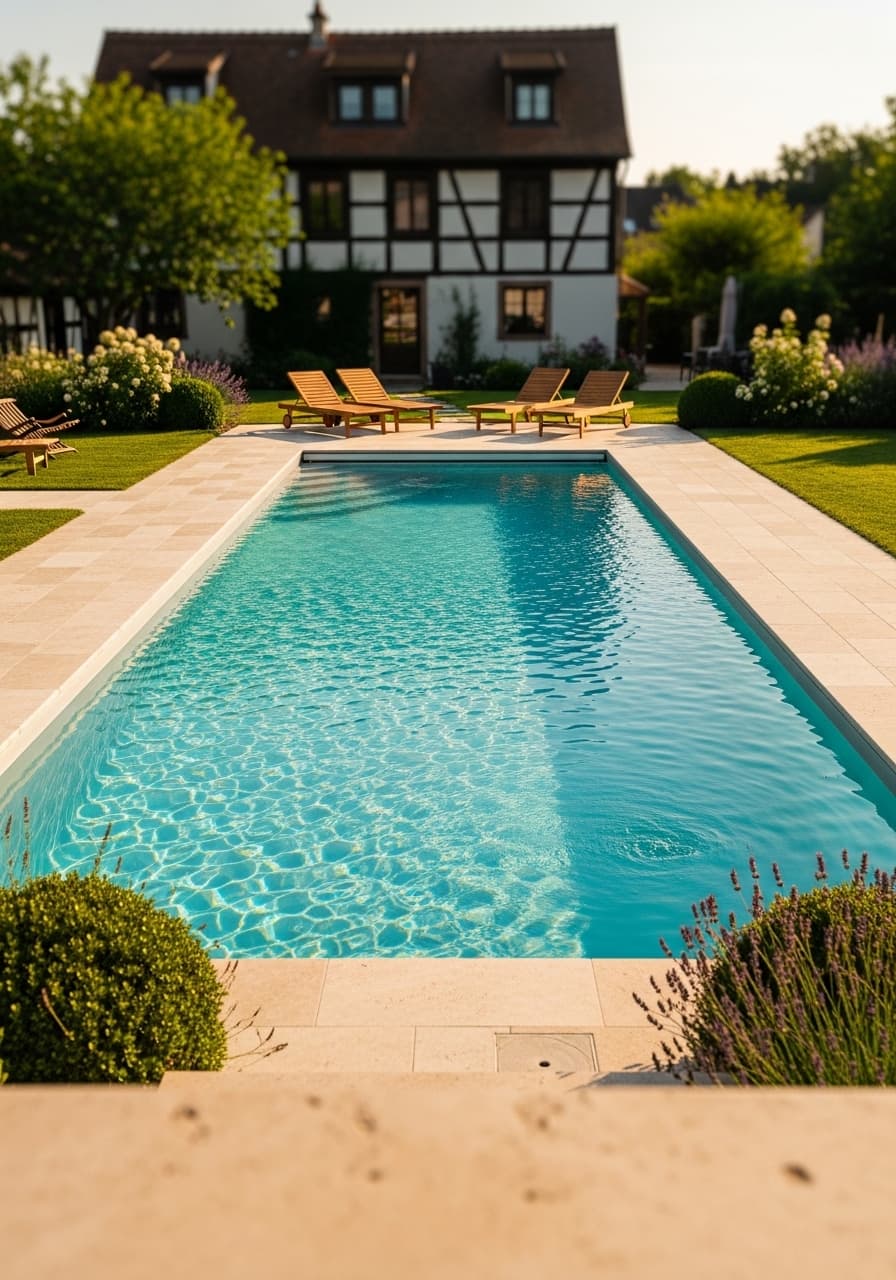 Insertion paysagère — piscine 8x4m intégrée dans un jardin alsacien