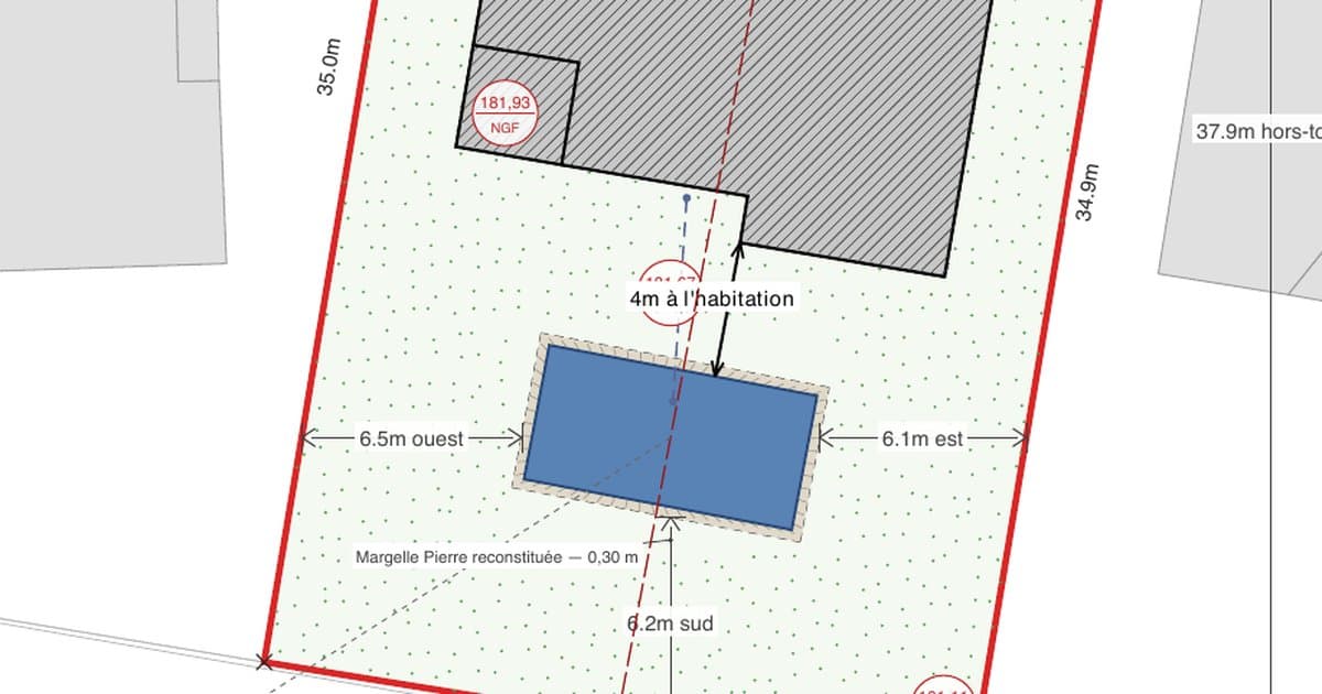Extrait du plan de masse DP2 : cotes de 5 m à l'habitation et à la limite séparative, margelle, altitudes NGF