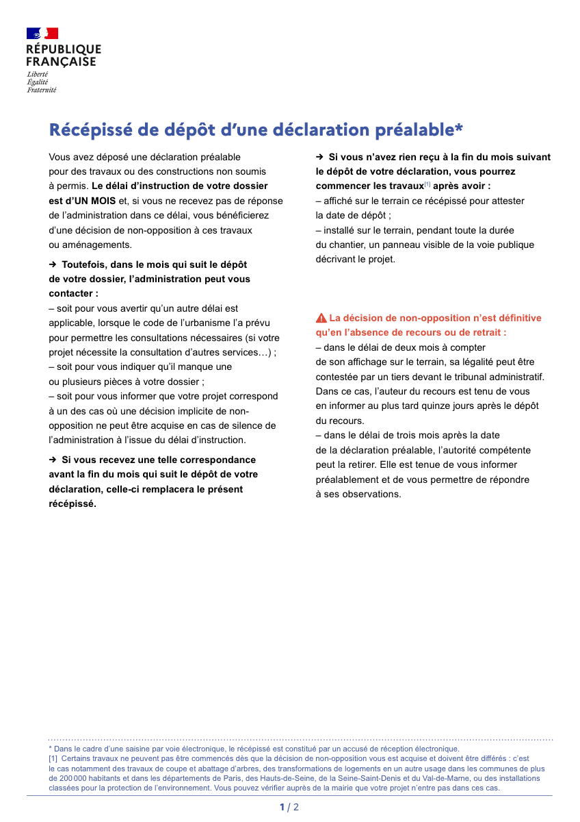 Récépissé de dépôt d'une déclaration préalable délivré par la mairie