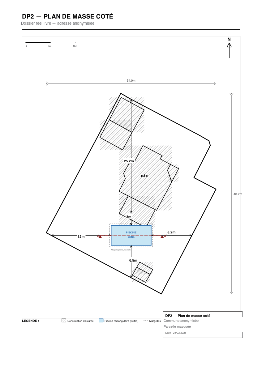 Exemple de plan de masse coté issu d'un dossier de déclaration préalable de piscine accepté