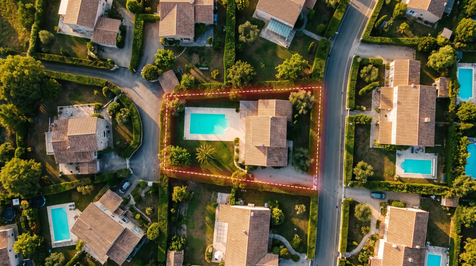 Vue aérienne d'un quartier résidentiel : une parcelle avec piscine repérée